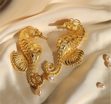 Gold Seahorse Earrings with Pearl