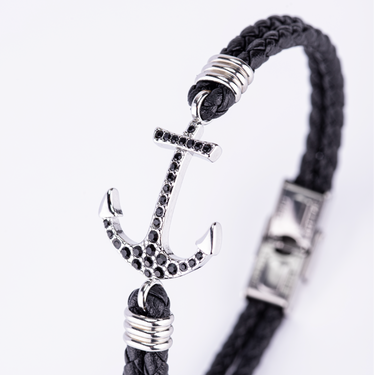 Men's Anchor Leather Bracelet, Silver